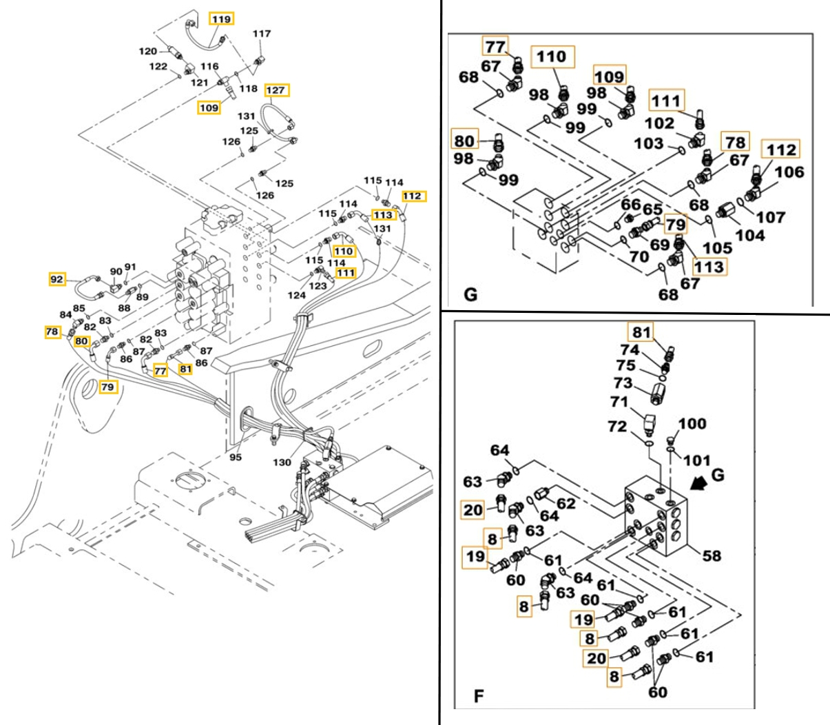 Case CX230B installation diagram showing hydraulic hose KHJ11530 at Pipe No. 110