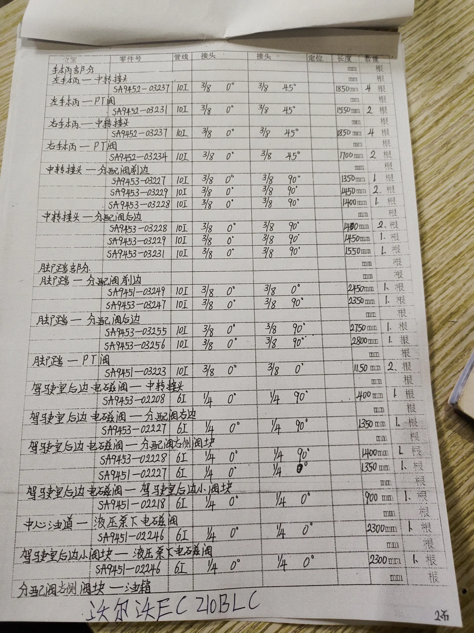 Volvo 210BLC hydraulic hose part numbers and recorded lengths — technician notebook page 2 of 8 — recorded hose parts 5A9451-03249, 5A9453-0322, SA9451-03223