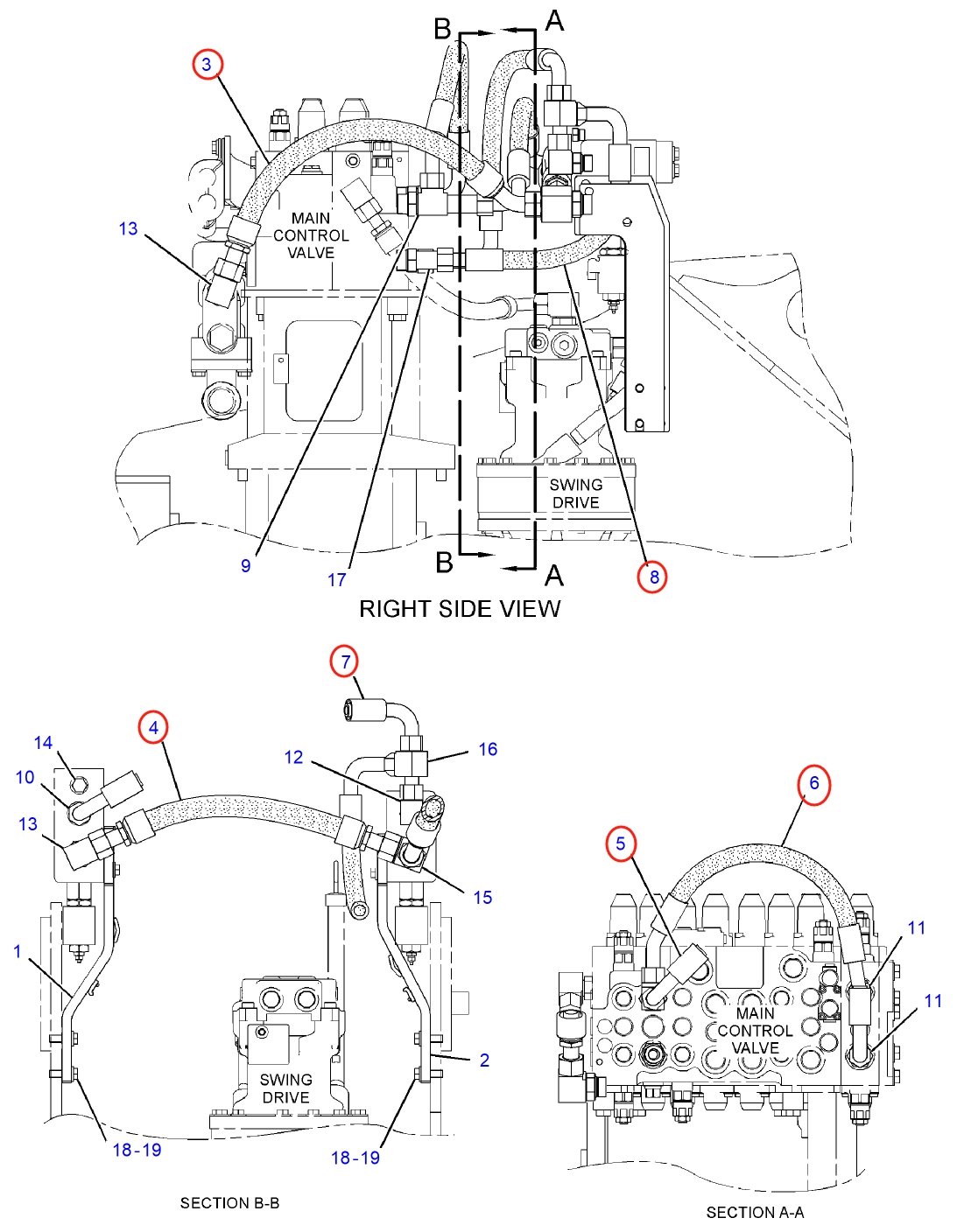 Caterpillar CAT®313F installation diagram showing hydraulic hose 381-5866 at Pipe No. 4