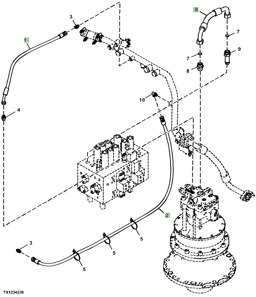 Hitachi ZX300LC-6N installation diagram showing hydraulic hose DH400575 at Pipe No. 2