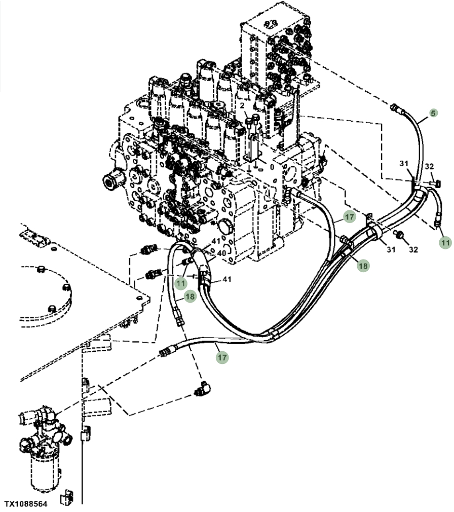 Hitachi ZX470-5A installation diagram showing hydraulic hose 4669486 at Pipe No. 18