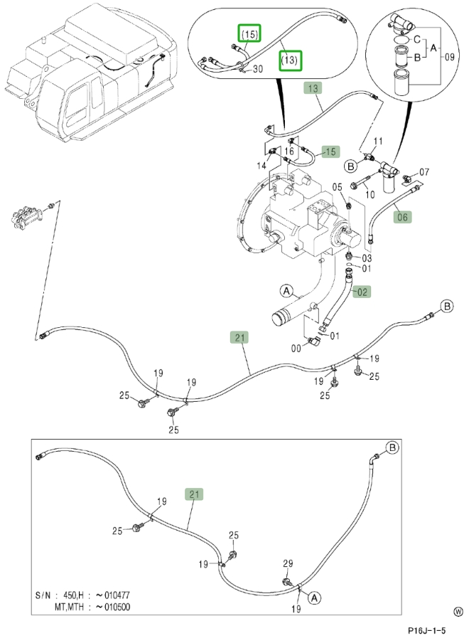Hitachi ZX450LC installation diagram showing hydraulic hose 4203134 at Pipe No. 2