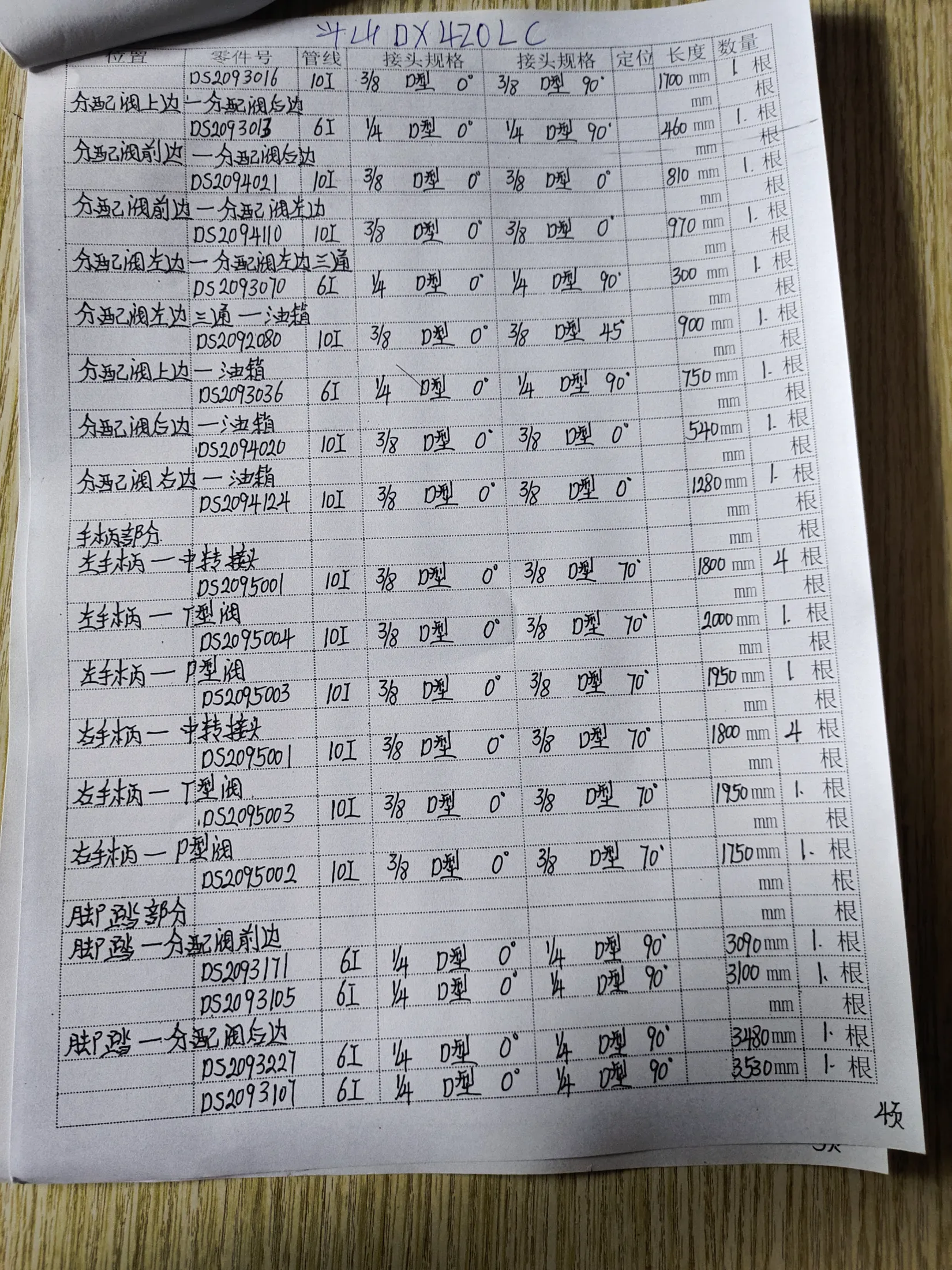 Doosan DH420LC hydraulic hose part numbers and recorded lengths — technician notebook page 4 of 5 — recorded hose parts D52093016, D52093227, D52095003
