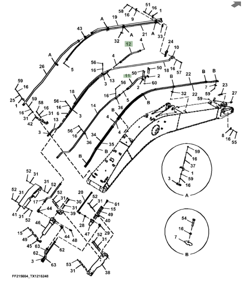 Hitachi ZX260FLC-FE-6N installation diagram showing hydraulic hose 4628529 at Pipe No. 11