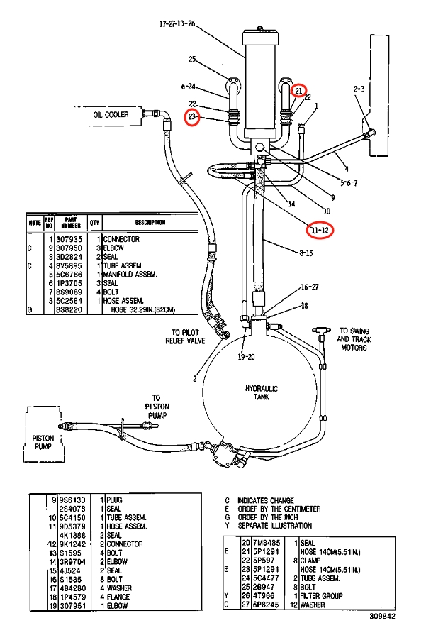 Caterpillar CAT®215 installation diagram showing hydraulic hose 9D-5379 at Pipe No. 11