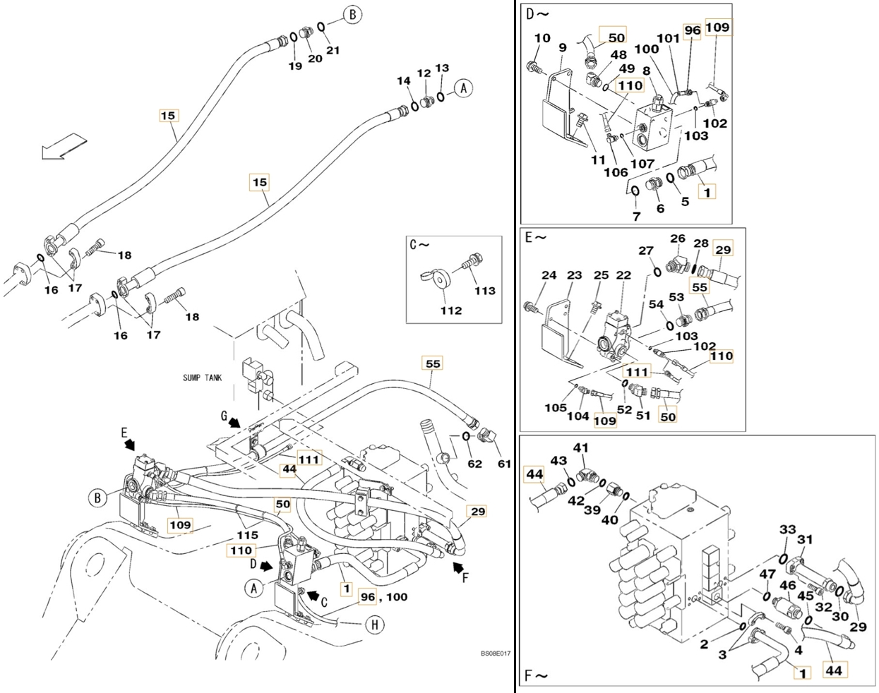 Case CX350B installation diagram showing hydraulic hose KHJ2050 at Pipe No. 111