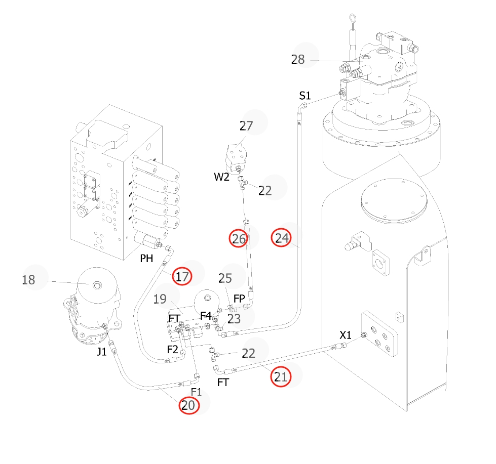 Sunward SWE235E-3 installation diagram showing hydraulic hose 730501001428 at Pipe No. 21