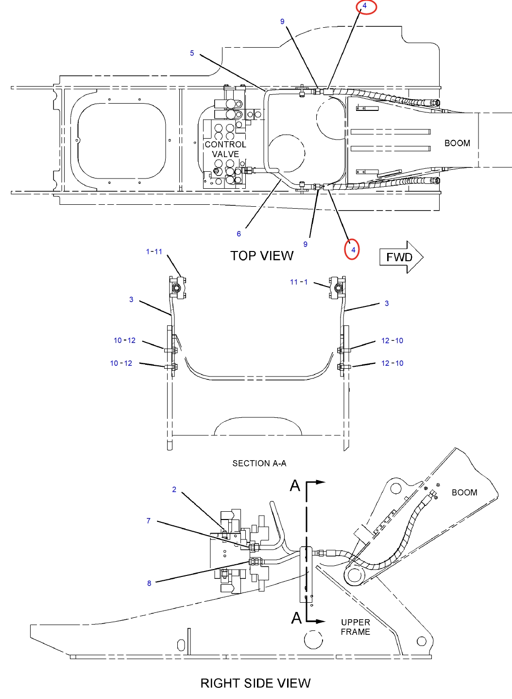 Caterpillar CAT®312C installation diagram showing hydraulic hose 227-9662 at Pipe No. 4