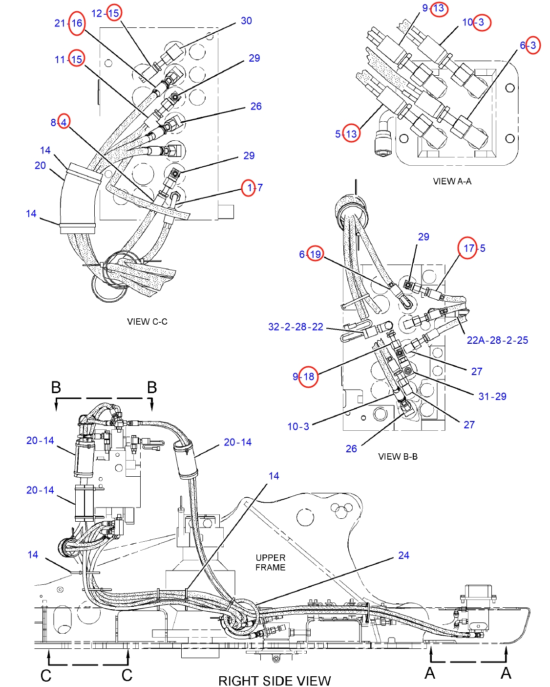 Caterpillar CAT®312D installation diagram showing hydraulic hose 108-7360 at Pipe No. 18