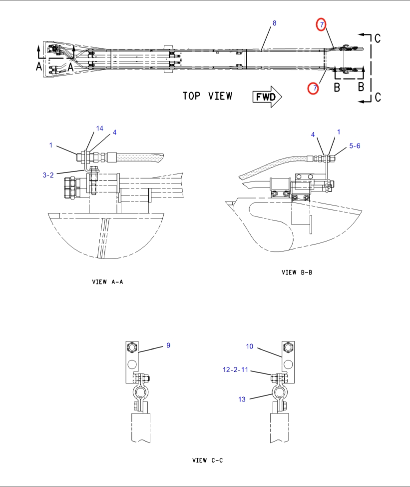 Caterpillar CAT®318C installation diagram showing hydraulic hose 153-0283 at Pipe No. 7
