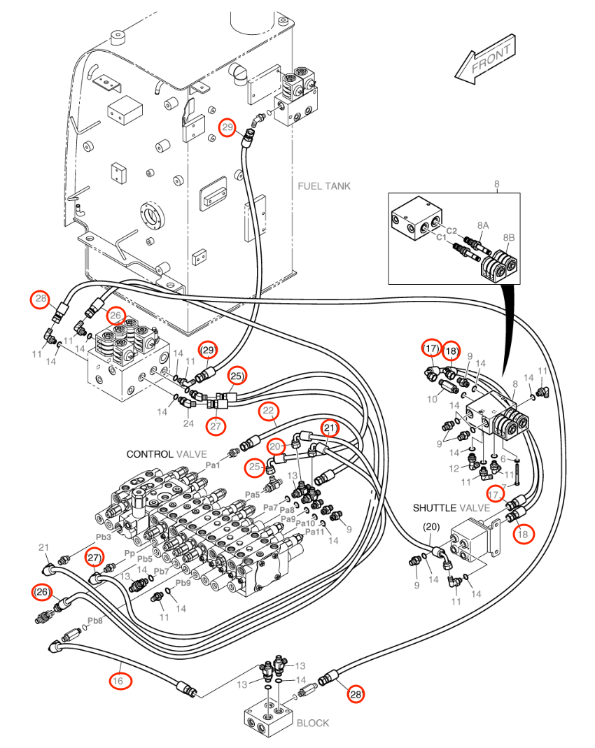 Doosan B55W-2 installation diagram showing hydraulic hose DS2093180 at Pipe No. 17