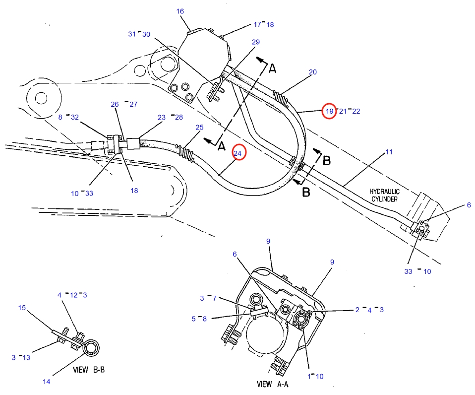 Caterpillar CAT®235D installation diagram showing hydraulic hose 8V-6563 at Pipe No. 19
