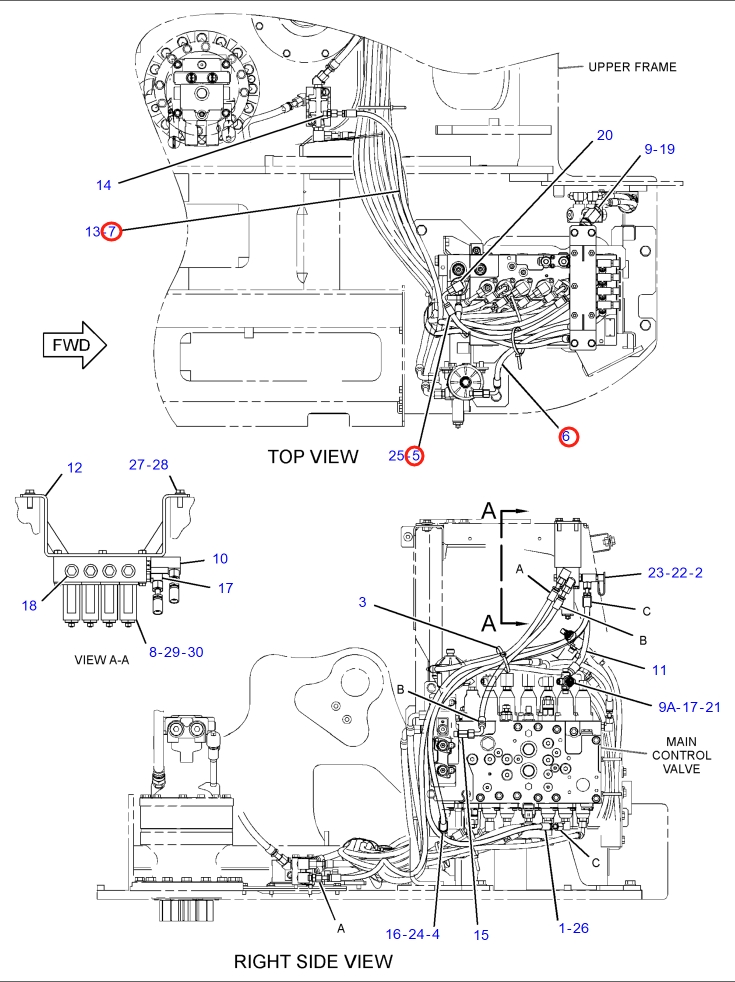 Caterpillar CAT®315F LCR installation diagram showing hydraulic hose 221-4807 at Pipe No. 7