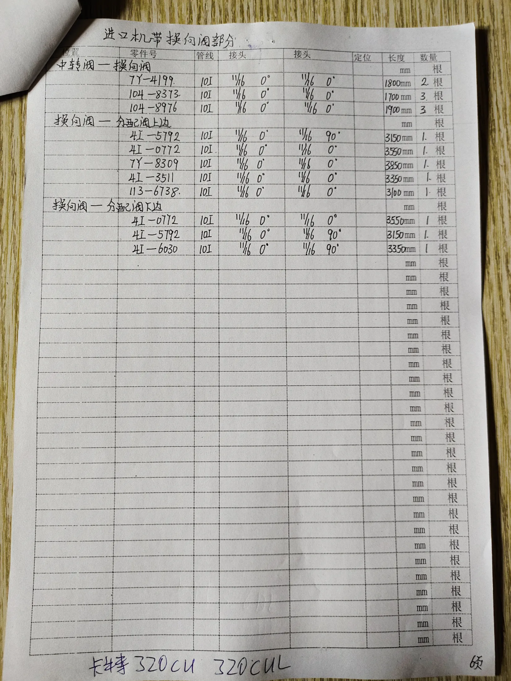 Caterpillar 320CUL hydraulic hose part numbers and recorded lengths — technician notebook page 6 of 6 — recorded hose parts 4I-0030, 4I-0772, 4I-5792