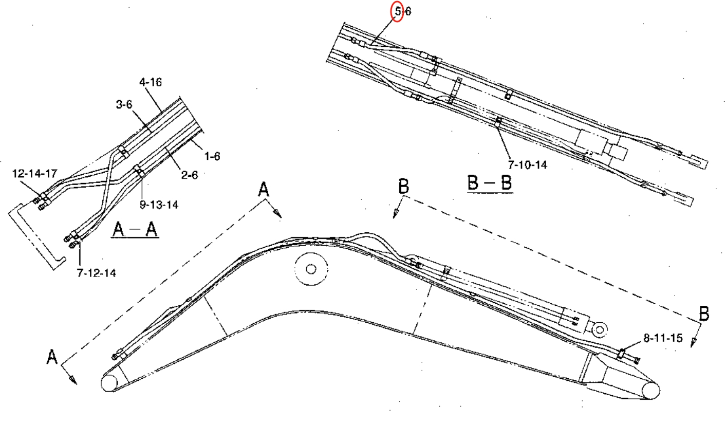 Caterpillar CAT®311B installation diagram showing hydraulic hose 123-2744 at Pipe No. 5