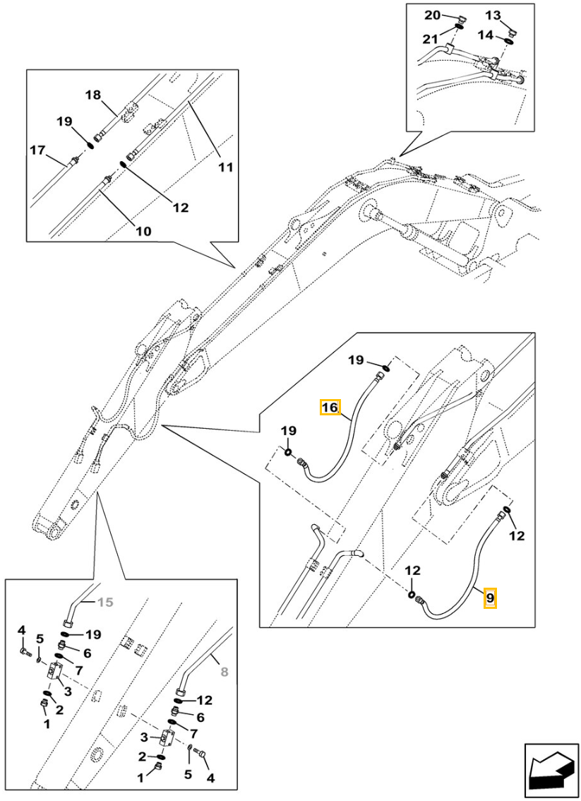 Case CX250C LC installation diagram showing hydraulic hose KRV19740 at Pipe No. 16