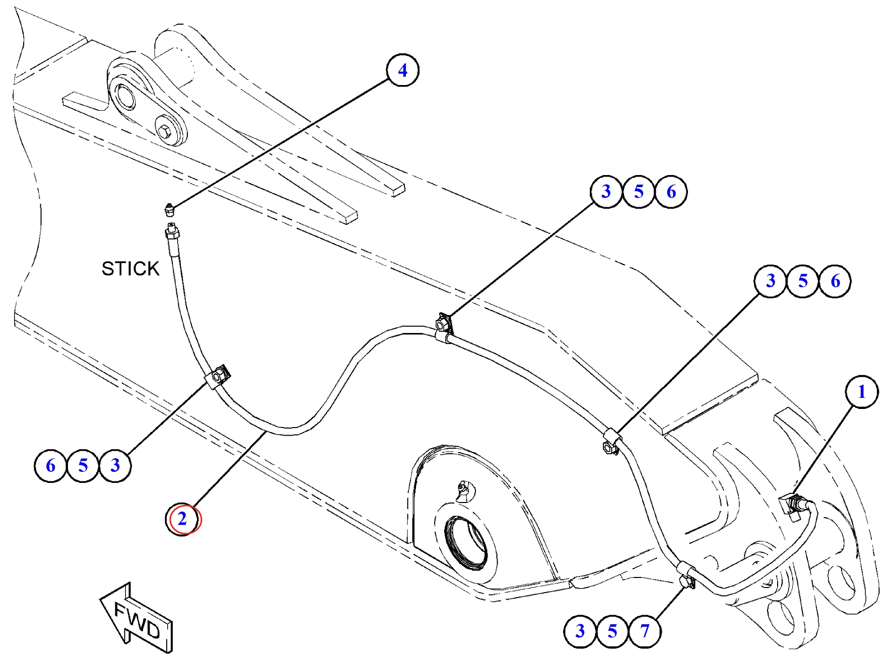 Caterpillar CAT®313F installation diagram showing hydraulic hose 203-7400 at Pipe No. 2