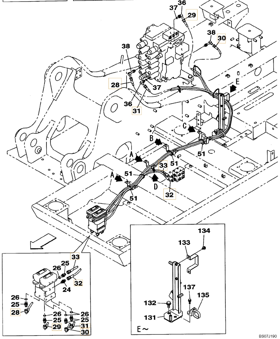 Case CX130B installation diagram showing hydraulic hose KHJ2249 at Pipe No. 32