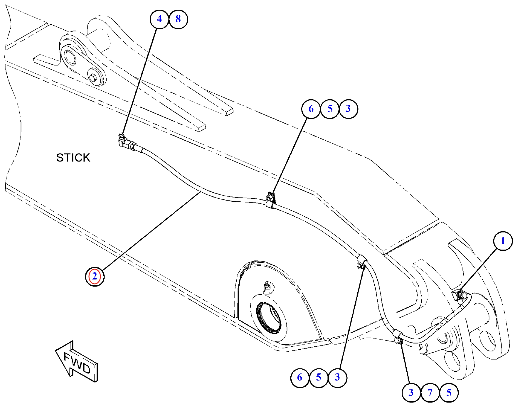 Caterpillar CAT®313F installation diagram showing hydraulic hose 108-9097 at Pipe No. 2