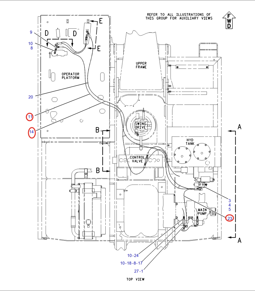 Caterpillar CAT®317-A installation diagram showing hydraulic hose 4I-6242 at Pipe No. 14
