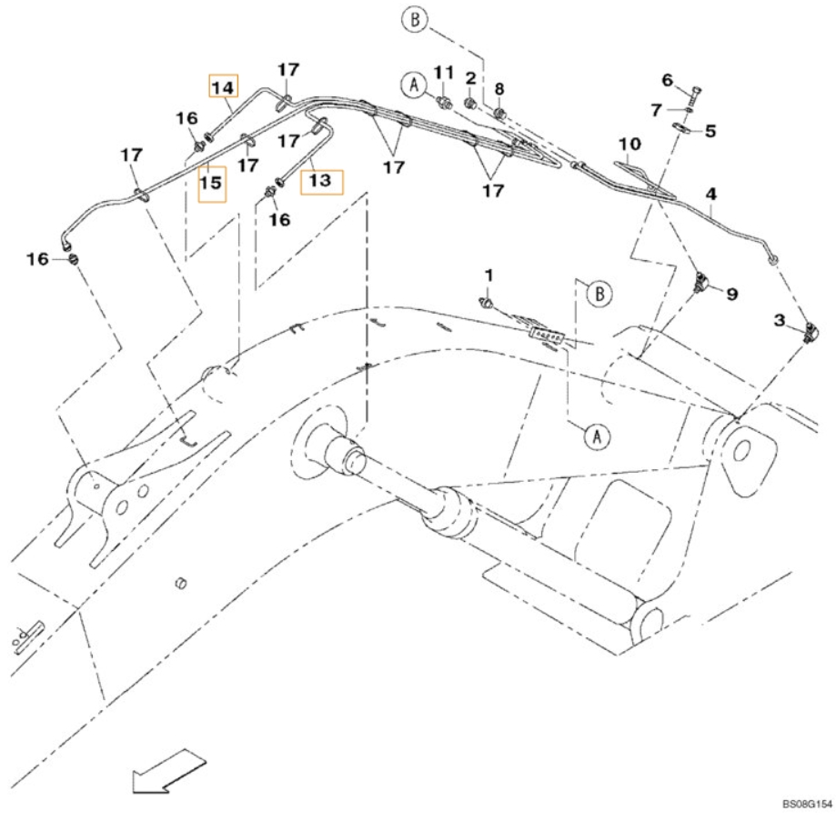 Case CX470B installation diagram showing hydraulic hose KHJ2083 at Pipe No. 14