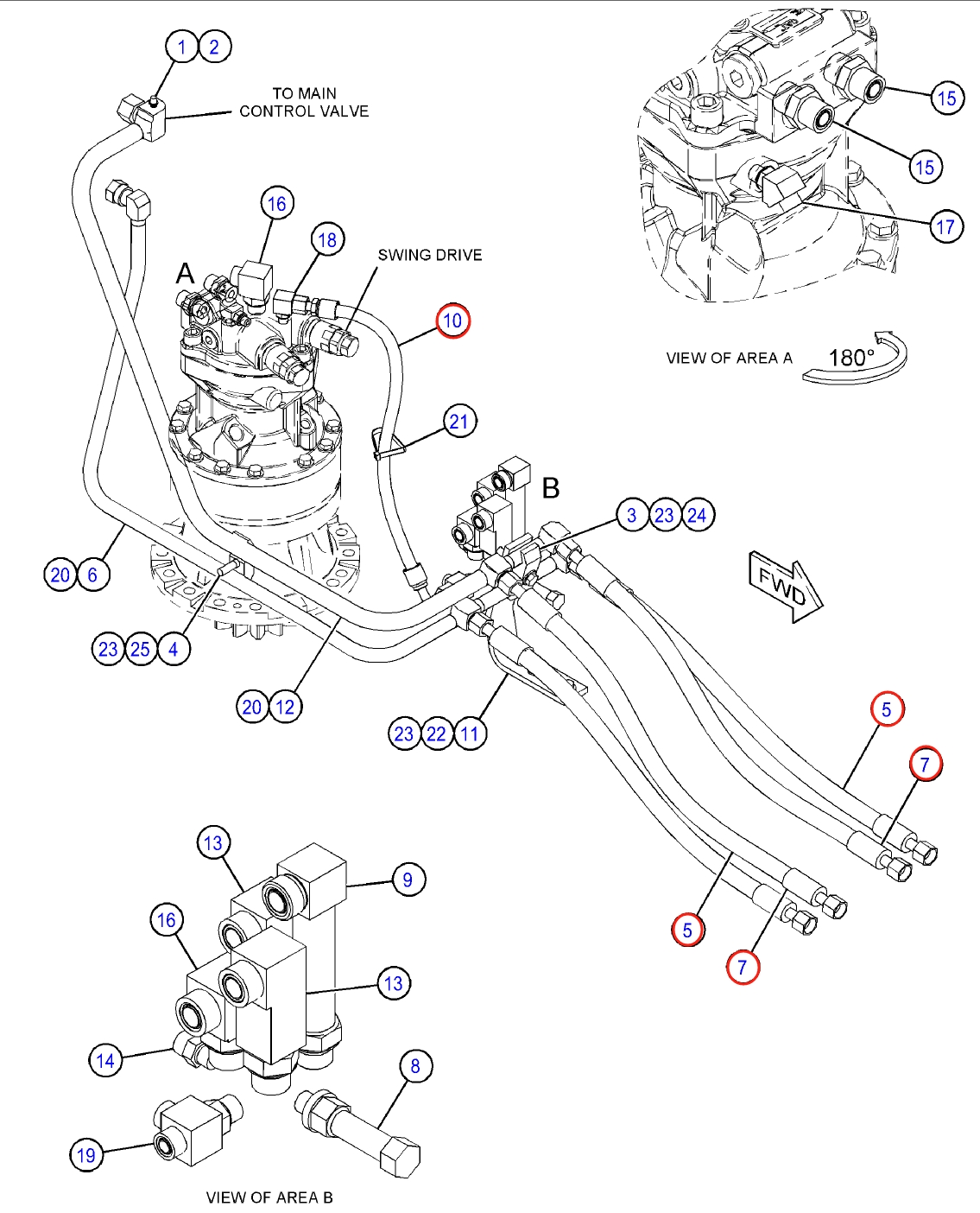 Caterpillar CAT®312D2 L installation diagram showing hydraulic hose 123-2636 at Pipe No. 5