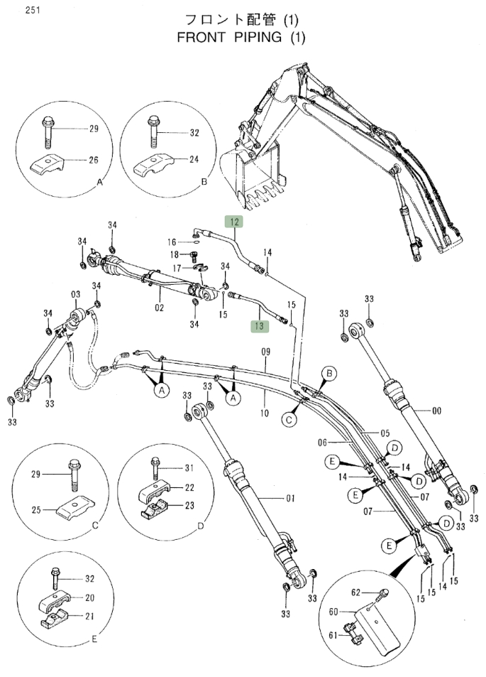 Hitachi EX220LC-3 installation diagram showing hydraulic hose 4252854 at Pipe No. 13