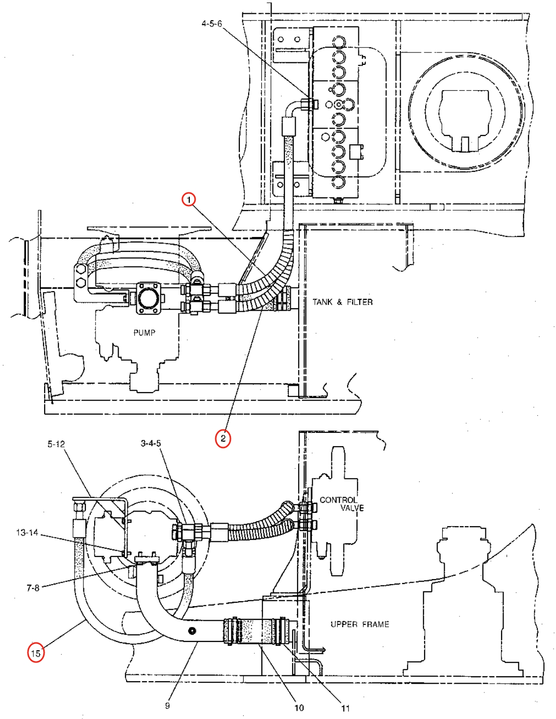 Caterpillar CAT®315B installation diagram showing hydraulic hose 4I-1077 at Pipe No. 15