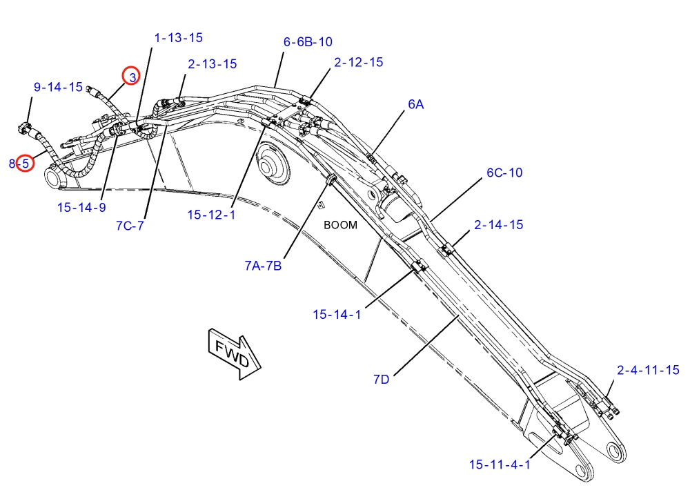 Caterpillar CAT®316F installation diagram showing hydraulic hose 197-2299 at Pipe No. 3