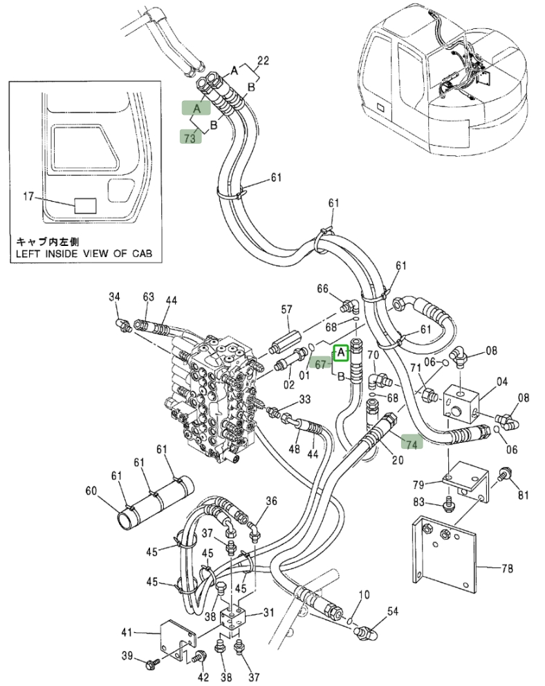 Hitachi ZX75US installation diagram showing hydraulic hose 4601148 at Pipe No. 73A