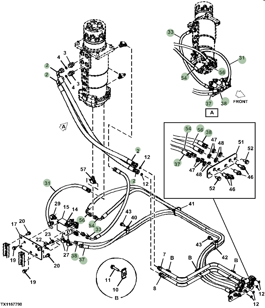 Hitachi ZX190W-6N installation diagram showing hydraulic hose 4448946 at Pipe No. 31