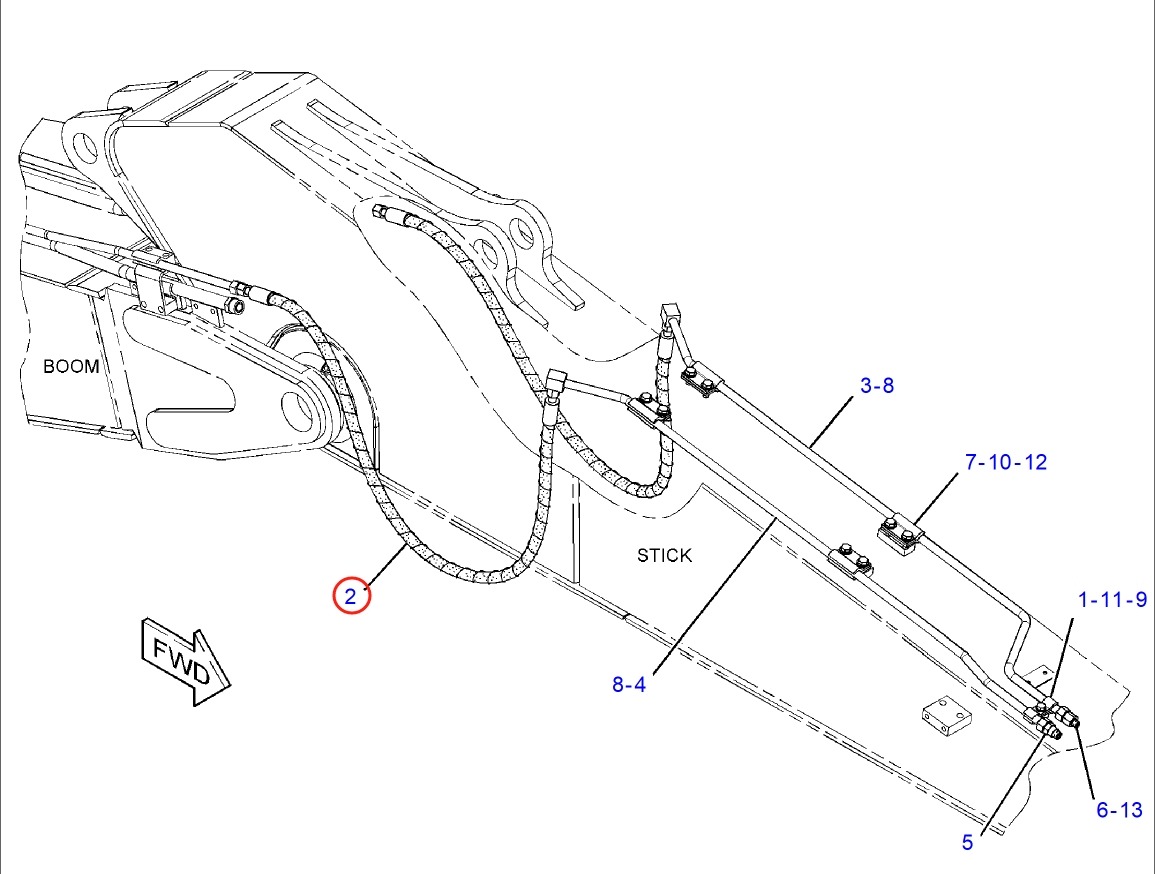 Caterpillar CAT®318E L installation diagram showing hydraulic hose 210-9966 at Pipe No. 2