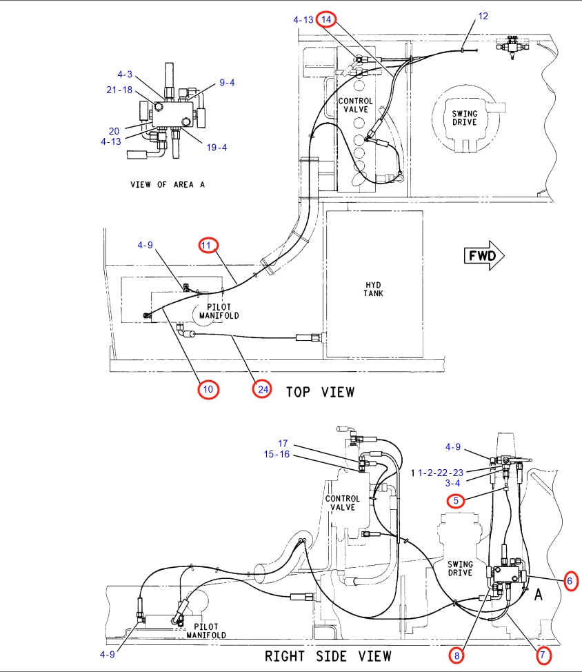 Caterpillar CAT®318B installation diagram showing hydraulic hose 142-1113 at Pipe No. 5