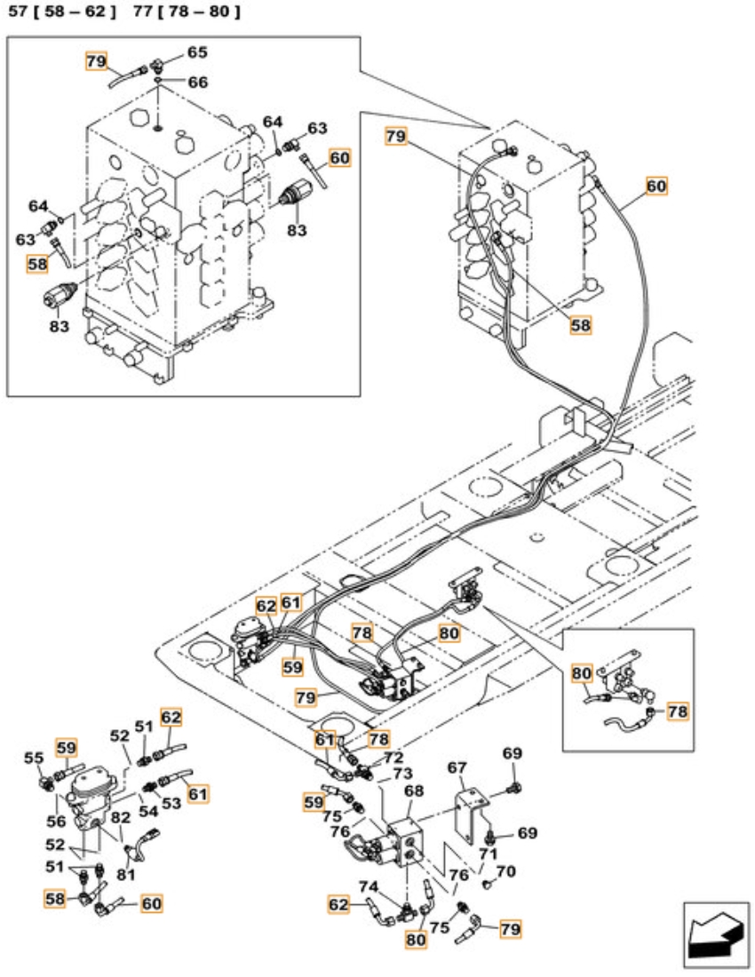 Case CX490C installation diagram showing hydraulic hose KHJ2194 at Pipe No. 62