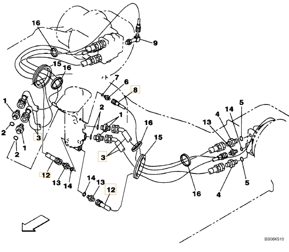Case CX210B installation diagram showing hydraulic hose 152435A1 at Pipe No. 12