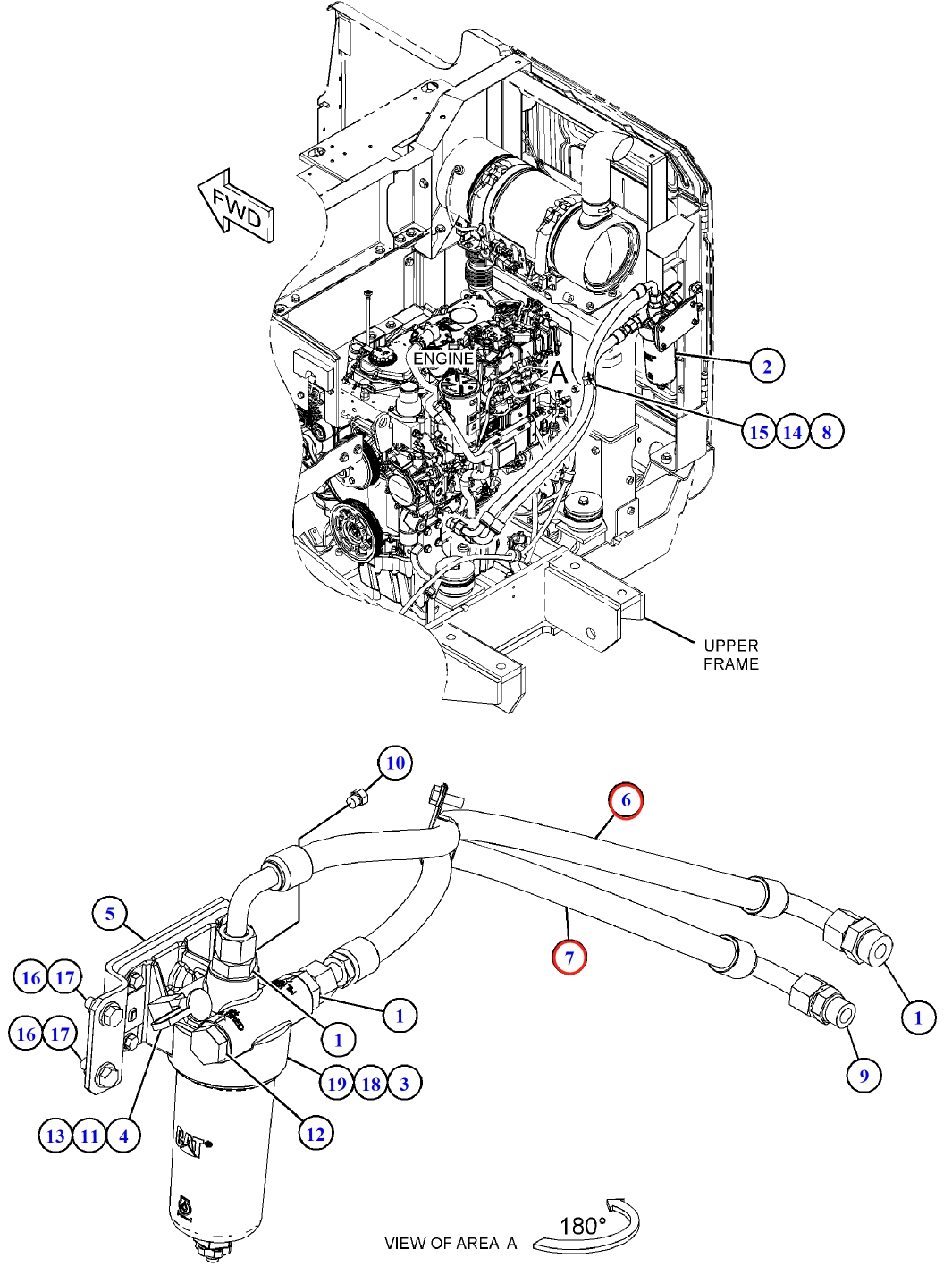 Caterpillar CAT®312E installation diagram showing hydraulic hose 428-5853 at Pipe No. 7