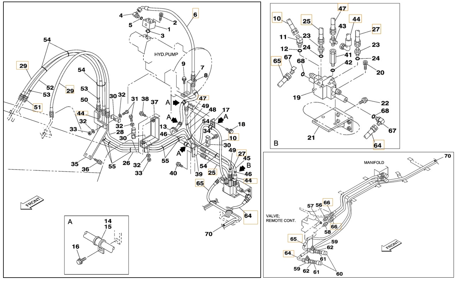 Case CX180 installation diagram showing hydraulic hose 168657A1 at Pipe No. 64