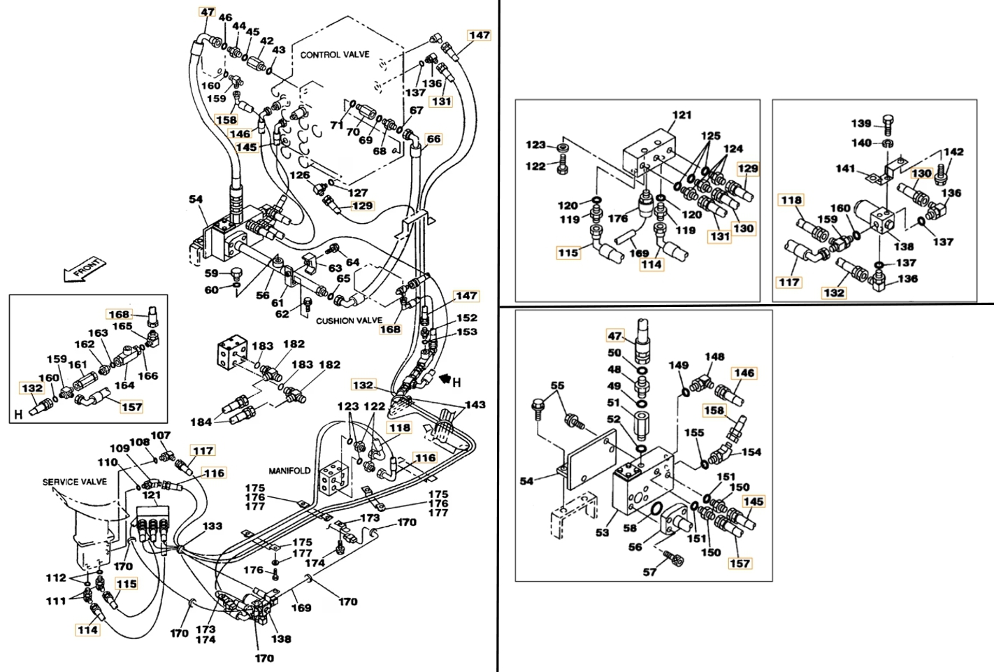Case CX230 installation diagram showing hydraulic hose 161272A1 at Pipe No. 130