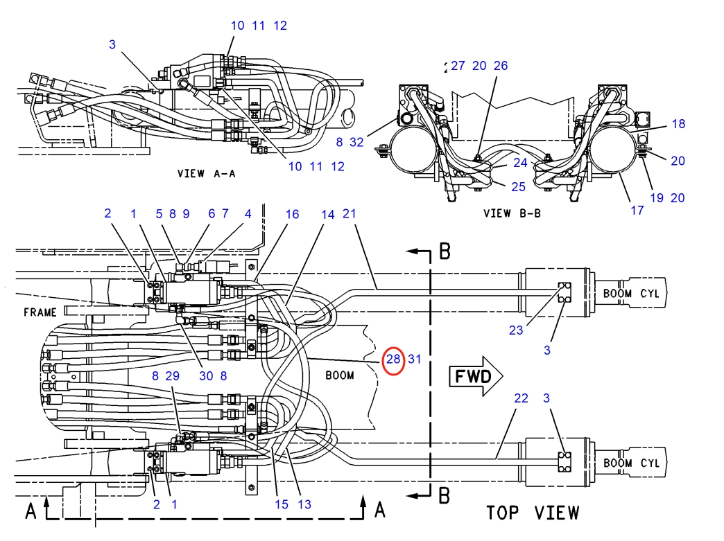 Caterpillar CAT®317-A N installation diagram showing hydraulic hose 6C-6464 at Pipe No. 28