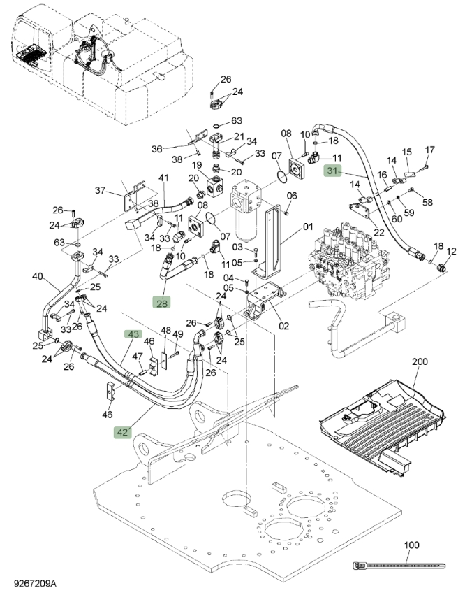 Hitachi ZX450LC-3 installation diagram showing hydraulic hose 4348070 at Pipe No. 42