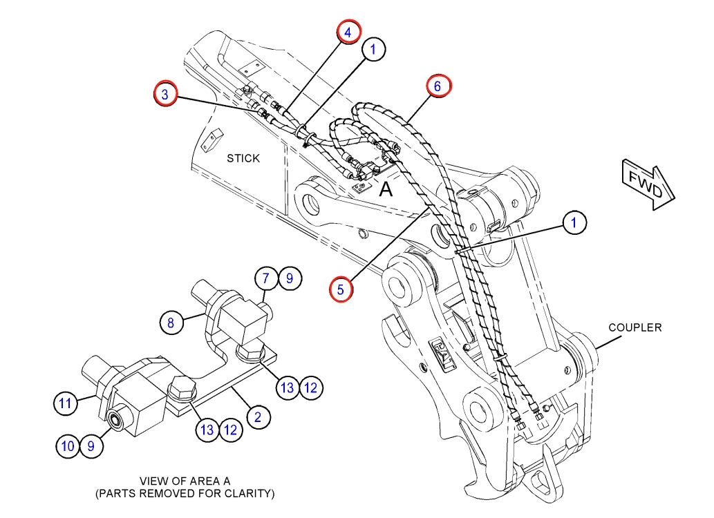 Caterpillar CAT®318D2 installation diagram showing hydraulic hose 422-2976 at Pipe No. 6
