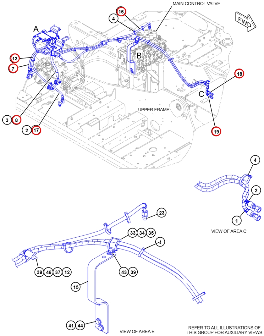 Caterpillar CAT®313F installation diagram showing hydraulic hose 388-0167 at Pipe No. 19
