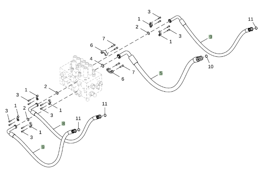 Hitachi ZX350LC-5A installation diagram showing hydraulic hose 9263974 at Pipe No. 9