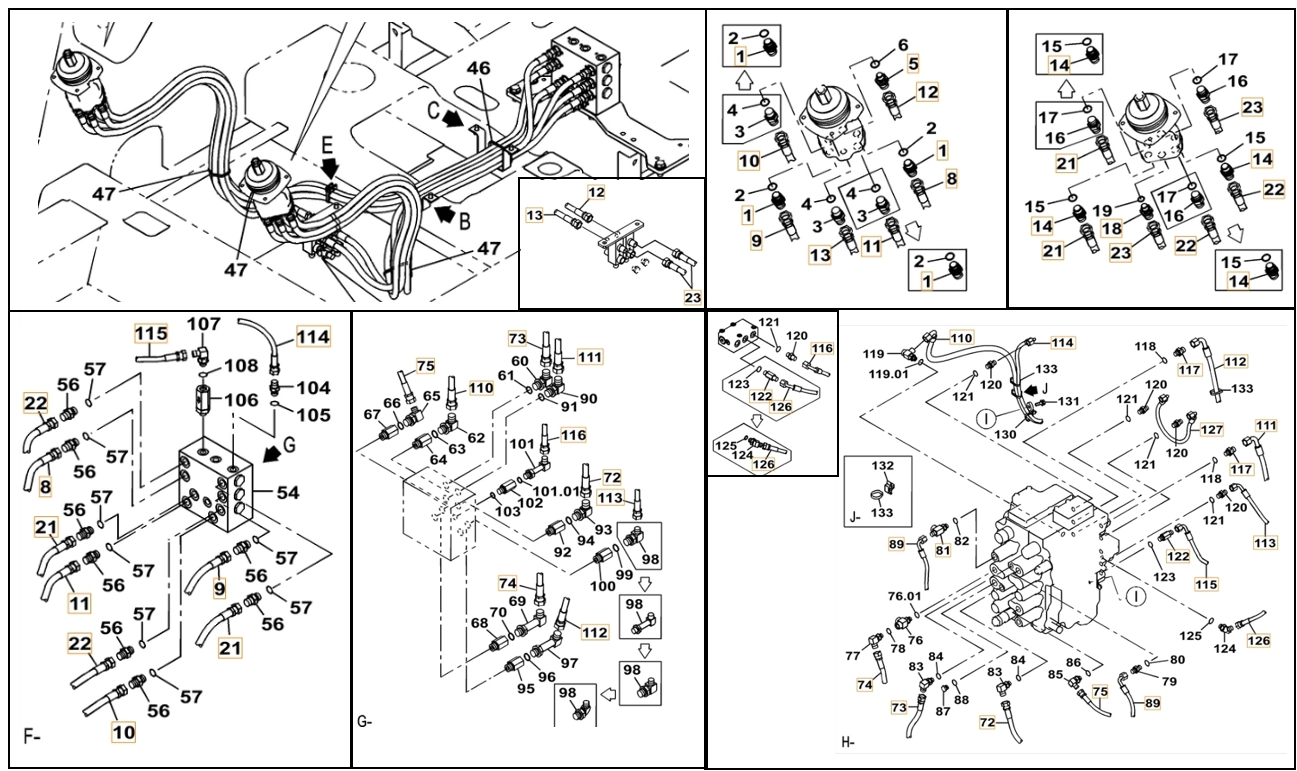 Case CX130C-8 installation diagram showing hydraulic hose KHJ2088 at Pipe No. 115