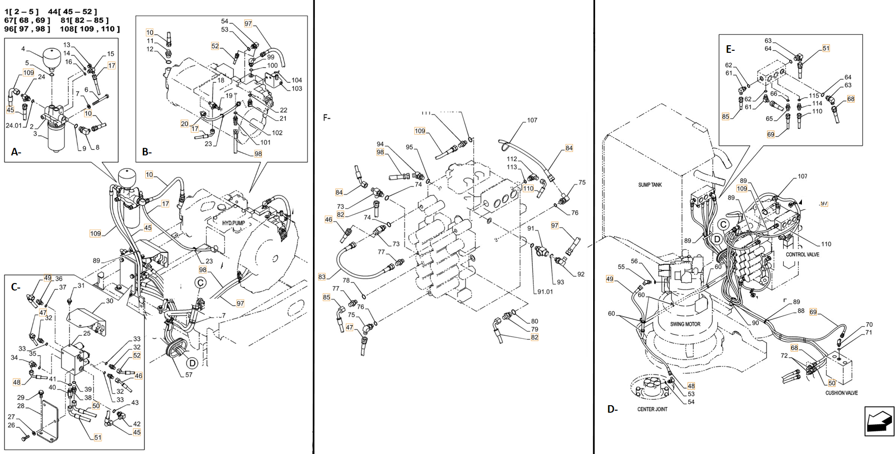 Case CX250C LC installation diagram showing hydraulic hose KHJ1231 at Pipe No. B98-F98