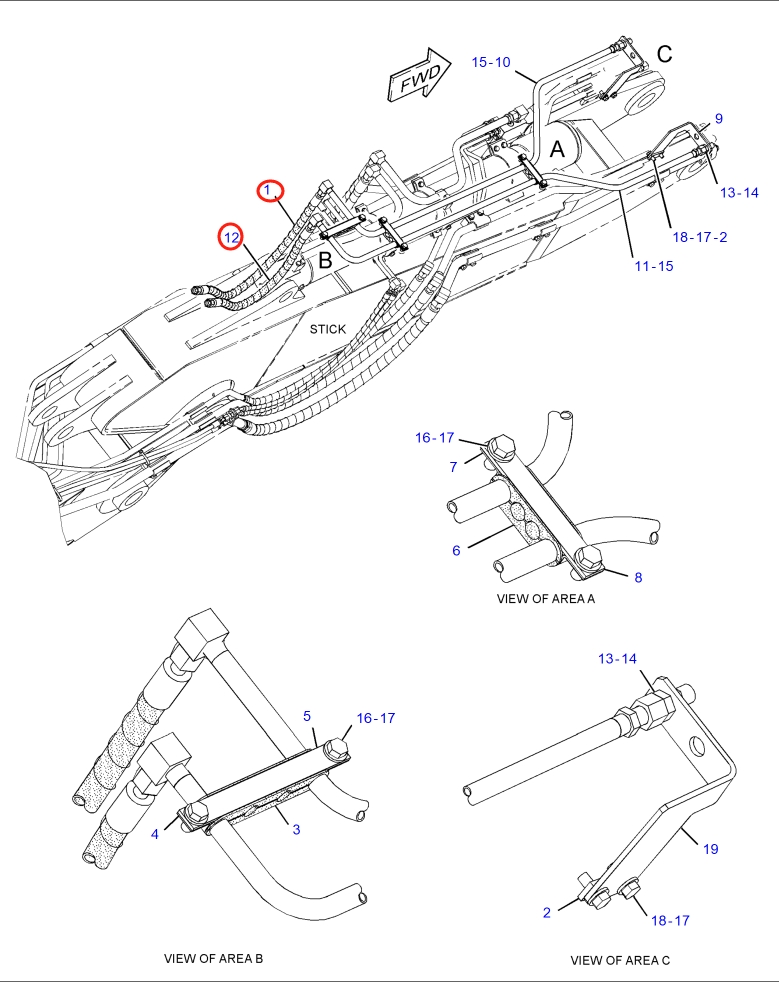 Caterpillar CAT®315F LCR installation diagram showing hydraulic hose 108-7562 at Pipe No. 1