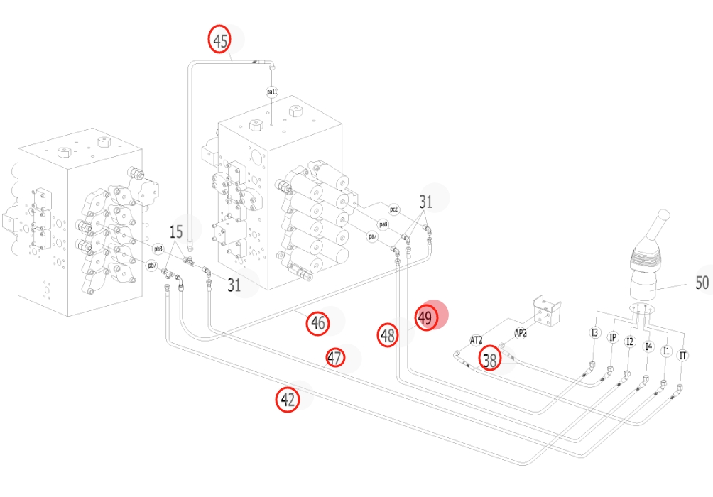 Sunward SWE500ES installation diagram showing hydraulic hose 730501006052 at Pipe No. 48