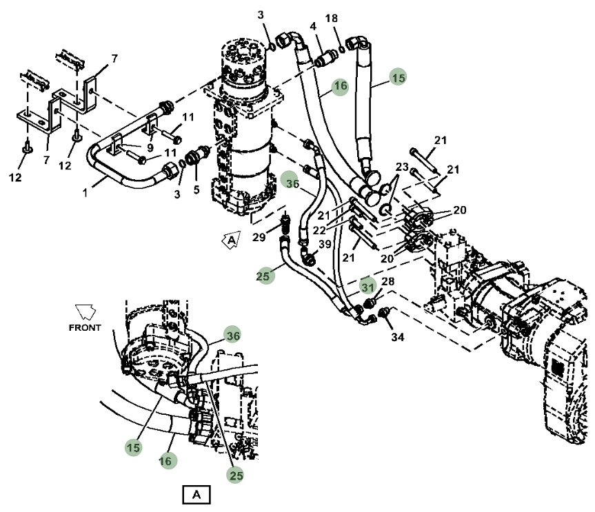 Hitachi ZX190W-6N installation diagram showing hydraulic hose 4657309 at Pipe No. 36