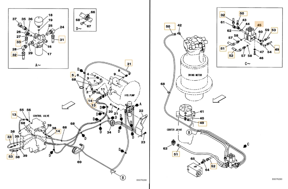 Case CX225SR installation diagram showing hydraulic hose KHJ14900 at Pipe No. 31