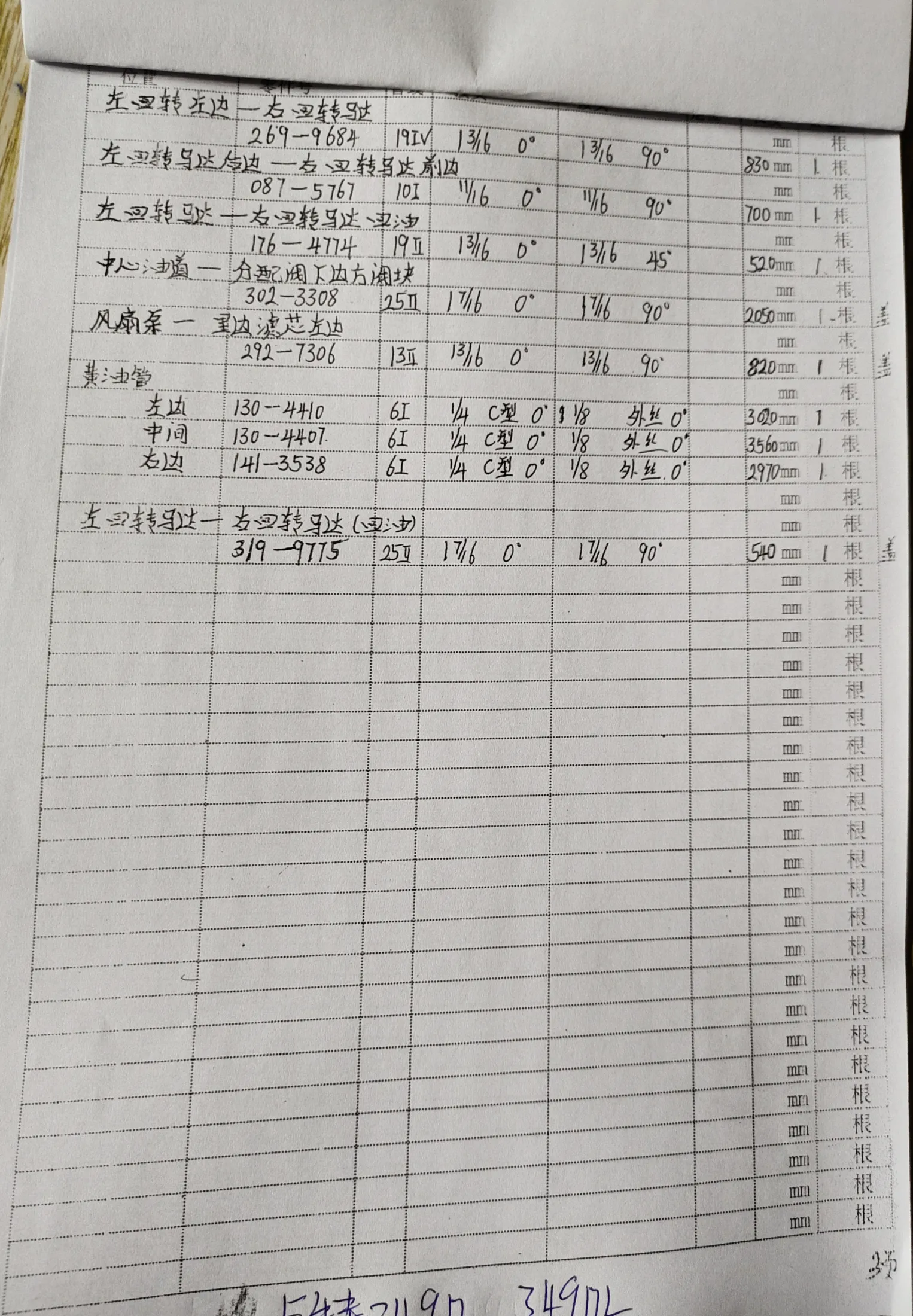 Caterpillar CAT®349D L hydraulic hose part numbers and recorded lengths — technician notebook page 3 of 6